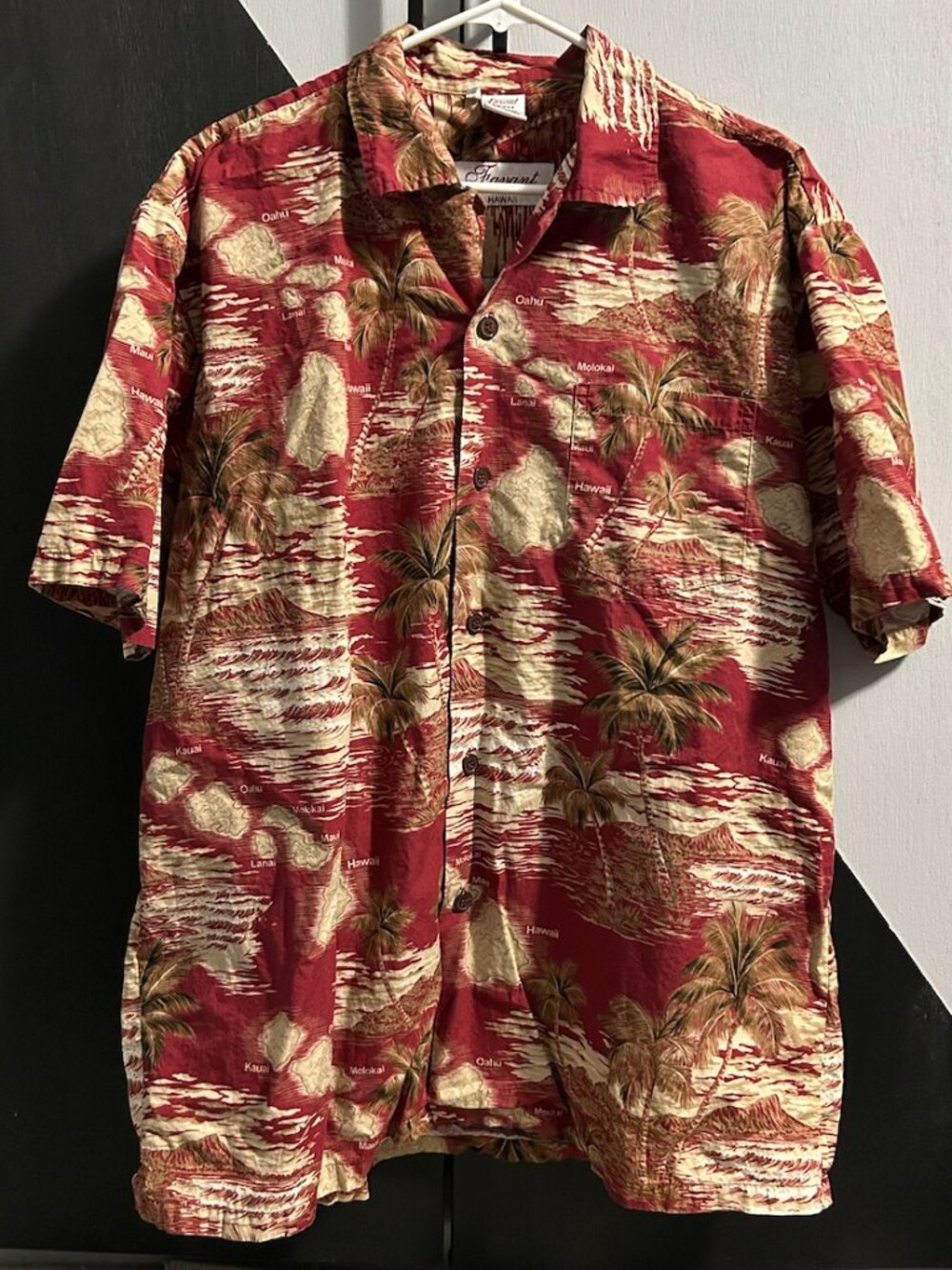 Favant Hawaiian Tropical Island Map/Palm Tree Print Button Down Shirt Men's XL